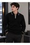 Men's Zippered Polo Collar Knit Sweater - Long Sleeve Winter Sweater - White Black Brown Beige