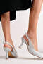 Women's Silver Shiny Textured Open-Back Pointed Toe 9 cm Heeled Shoes. - 3