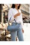 Soft Leather Gold Detailed Blue Shoulder Bag Women's Daily Stylish Baguette Bag -