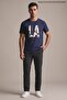 Men's Crew Neck Cotton Text Print Navy Blue T-Shirt