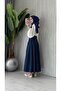Women's Pleated Design Long Denim Skirt with Seats - 2