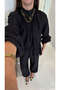 Meline Black Pleated Satin Balloon Sleeve Set - 2