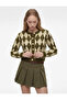 Buttoned Long Sleeve Crew Neck Argyle Patterned Cardigan - 4