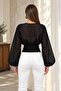 Women's Deep V-Neck Balloon Sleeve Corsage Blouse with Agraf Closure - Black - 3