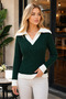 Women's Long Sleeve Wide Polo Collar Hair Braided White Detailed Classic Stylish Soft Casual Green Knitwear Sweater