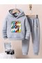 Boys' Hooded Colorful Gamer Printed Gray Sweatshirt-Grey Sweatpants Set - 2