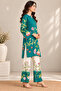 Women’s Teal Green Floral Print Co-Ord Set with Wide-Leg Pants - 2