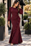 Davet Elegance-Women's Long Sleeve Ruffle Waist Detailed Asymmetrical Flounce Long Crepe Dress - 4