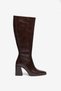Bitter Brown Shiny Pointed Toe Thick Heeled Semi-Zipper Boots - 3