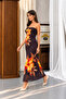 Women's Strapless Floral Patterned Long Maxi Dress - Brown