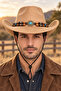 Unisex Internally Adjustable Suede-Look Turquoise Stone Beaded Fedora Model Cowboy Hat - 2