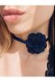 Navy Blue Satin Rose Figured Ribbon Choker Necklace - Navy Blue Stone Detailed Trendy Neck Collar Women's Choker