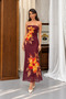 Women's Strapless Floral Patterned Long Maxi Dress - Burgundy - 3