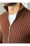 High Collar Double-Way Zipper Ribbed Knit Cardigan m - Brown - 3
