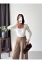 Women's White Square Collar Long Sleeve Blouse with Lace on the Sleeves and Collar in Sandy Fabric - 8