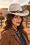 Unisex Internally Adjustable Suede-Look Turquoise Stone Beaded Fedora Model Cowboy Hat - 6