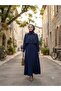 Women's Stylish Shirt Collar Long Skirt Navy Blue Hijab Two-Piece Set - 5