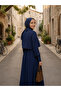 Women's Stylish Shirt Collar Long Skirt Navy Blue Hijab Two-Piece Set - 4