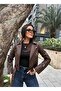 Women's Brown Leather Jacket with Zipper Detail - 3