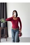 Women's Burgundy Square Neck Blouse with Lace Sleeves and Collar in Sandy Fabric Long Sleeve Blouse - 8