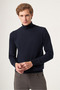 Navy Blue Turtleneck Long Sleeve Knitted Comfort Fit Cotton Sweater 1012265004