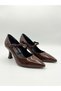 Elegant Belt Detailed Patent Leather Closed Back Brown Heeled Shoes Nk3218