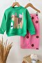 Girl's Green Cat Printed Cotton Sweatshirt and Pink Polka Dot Sweatpants Top and Bottom Set - 3