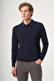 Navy Blue Polo Collar Long Sleeve Knitted Comfort Fit Cotton Sweater 1012265007