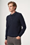 Navy Blue Polo Collar Long Sleeve Knitted Comfort Fit Cotton Sweater 1012265007 - 2