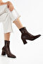 Pointed Toe Stretch Thick Heeled Side Zipper Bitter Brown Heeled Boots - 4
