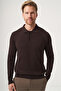 Brown Polo Collar Long Sleeve Knitted Comfort Fit Cotton Sweater 1012265150