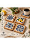 Woodtown 4-Piece Natural Travertine Stone Coasters with Wooden Frame and Uv Printed Tile Pattern Coffee Coaster