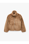 High Collar Long Sleeve Faux Fur Jacket with Zipper Pockets