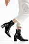 Patent Leather Pointed Toe Stretch Thick Heeled Side Zipper Black Heeled Boots - 5