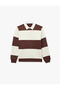 Long Sleeve Three Thread Ribbed Buttoned Striped Polo Collar Sweatshirt - 2