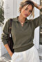 Women's Khaki Polo Collar Long Sleeve Knit Sweater - 2