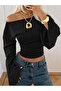 Black Boat Neck Spanish Sleeve Ruched Crop Blouse