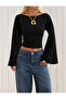Black Boat Neck Spanish Sleeve Ruched Crop Blouse - 4