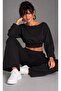 Women's Black Boat Neck Waist-Banded Double Tracksuit Set Be497