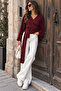 Women's Double Breasted V-Neck Belted Waist Tie Bat Sleeve Loose Long Sleeve Blouse - 3