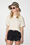 Women's Ecru 100% Cotton Minimal Print Detailed Oversize T-Shirt 60382632 - 3