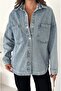 Women's Light Blue Snap Fastener Double Pocket Low Shoulder Oversize Long Sleeve Denim Shirt - 5