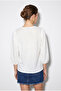 Women's White Textured Crew Neck Balloon Sleeve Blouse 60382629 - 7