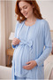 Blue Waist-Tied Long Sleeve 3-Piece Maternity Pajama Set with Robe Viscose - 3