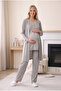 Gray Lace Detailed Long Sleeve 3-Piece Maternity Pajama Set with Dressing Gown Viscose - 5