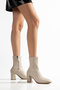 Women's Beige Leather Boots with Blunt Toe and Zipper, Stretch Fabric (7cm) Thick Heeled Boots - 4