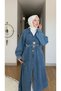 Women's Gold Button Detail Belted Pocketed Long Denim Trench Coat
