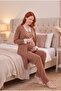 Brown Lace Detailed Long Sleeve 3-Piece Maternity Pajama Set with Dressing Gown Viscose - 4