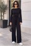 Women's Black Spanish Sleeve Side Gathered Stretchy Buzzy Viscose Soft Fabric Spanish Flare Boat Neck Long Sleeve Bottom Top Jewelry