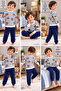 Boy's Teddy Bear Patterned Striped Sweatshirt Tracksuit Set Navy Blue - 2